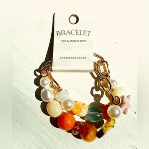 ANTHROPOLOGIE 14k gold plated Beaded Charm Stretch Double-Bracelet new w/tags
